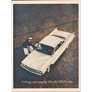 1960 Chrysler De Soto White Hardtop 2 Door Vintage Print Ad Captain's Hat Art